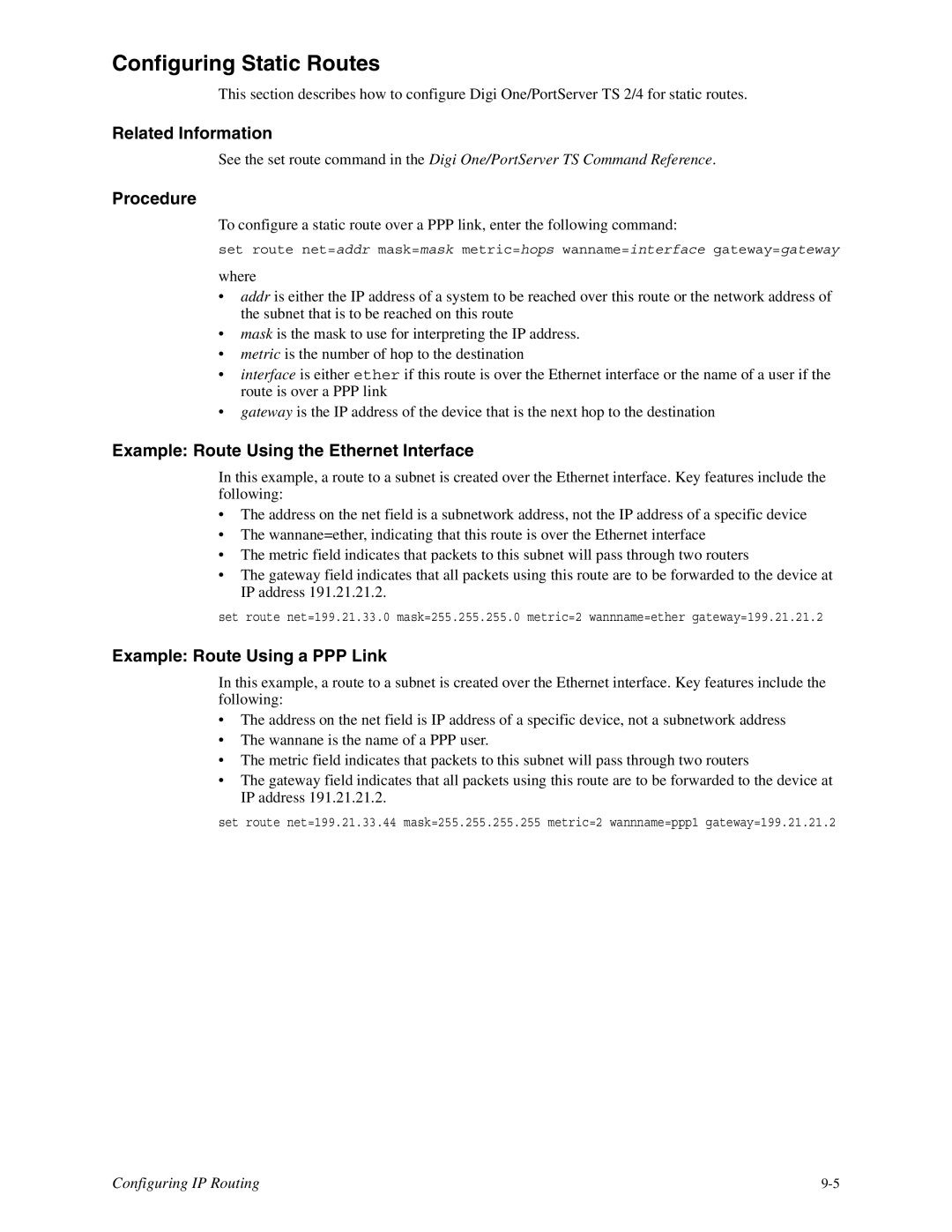 Digi TS 2/4, TS 4 Configuring Static Routes, Example Route Using the Ethernet Interface, Example Route Using a PPP Link 