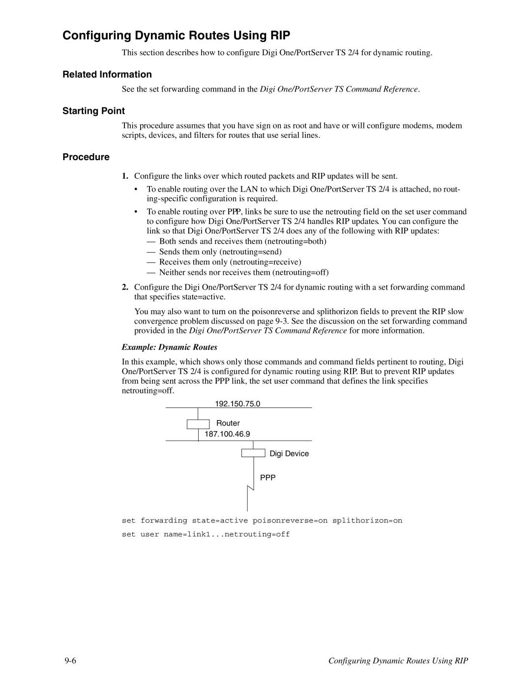 Digi TS 4, TS 2/4 manual Configuring Dynamic Routes Using RIP, Example Dynamic Routes 