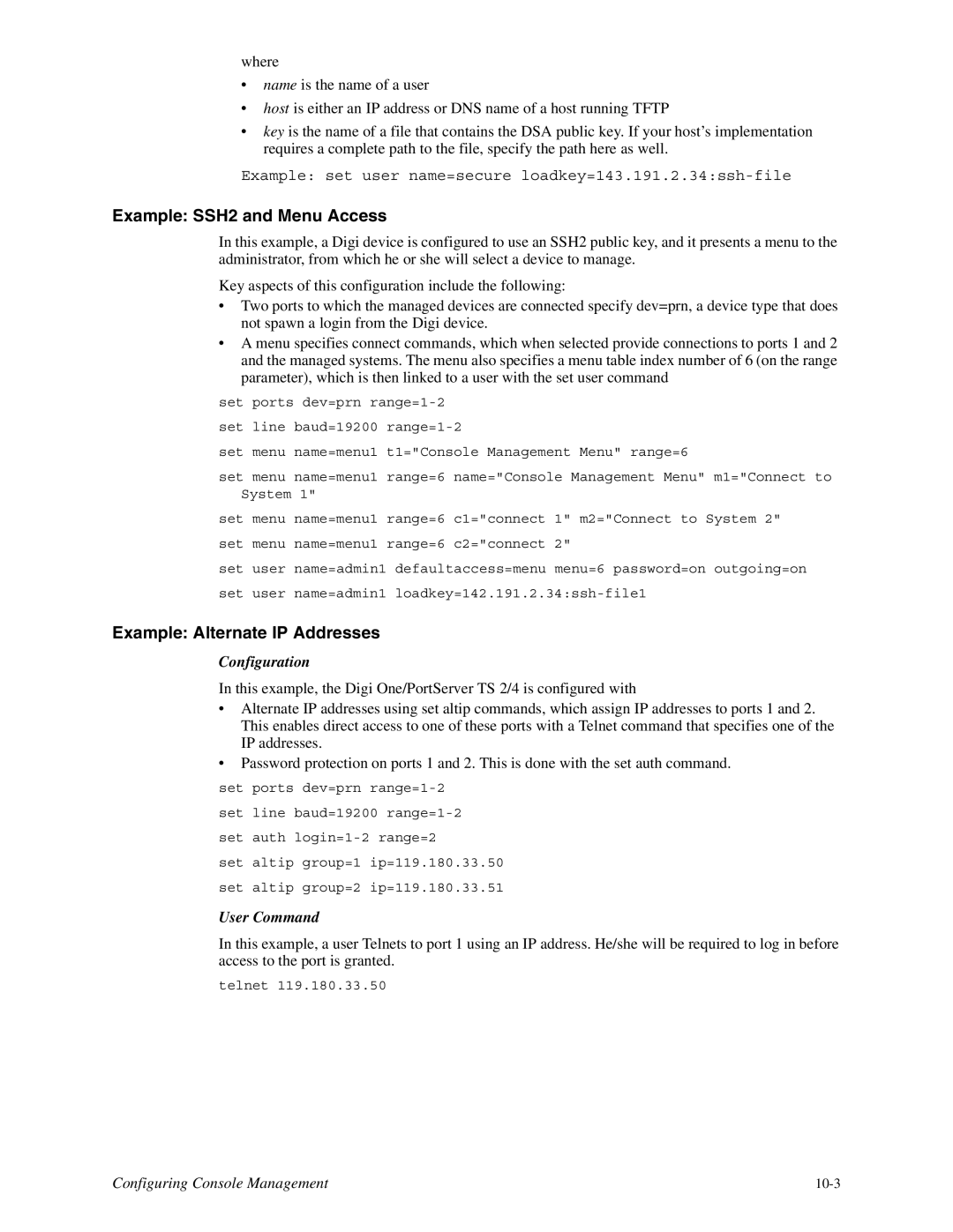 Digi TS 2/4, TS 4 manual Example SSH2 and Menu Access, Example Alternate IP Addresses 