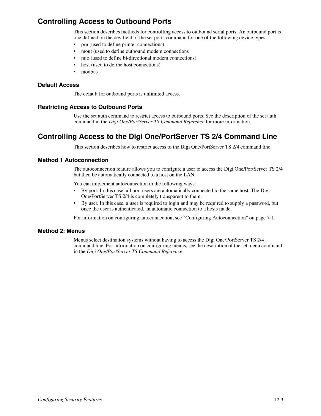 Digi TS 2/4 Controlling Access to Outbound Ports, Default Access, Restricting Access to Outbound Ports, Method 2 Menus 