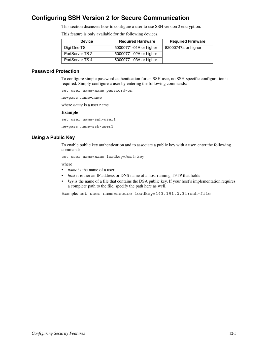 Digi TS 2/4, TS 4 manual Configuring SSH Version 2 for Secure Communication, Password Protection, Using a Public Key 