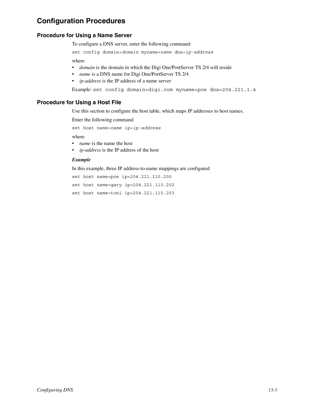 Digi TS 2/4, TS 4 manual Configuration Procedures, Procedure for Using a Name Server, Procedure for Using a Host File 