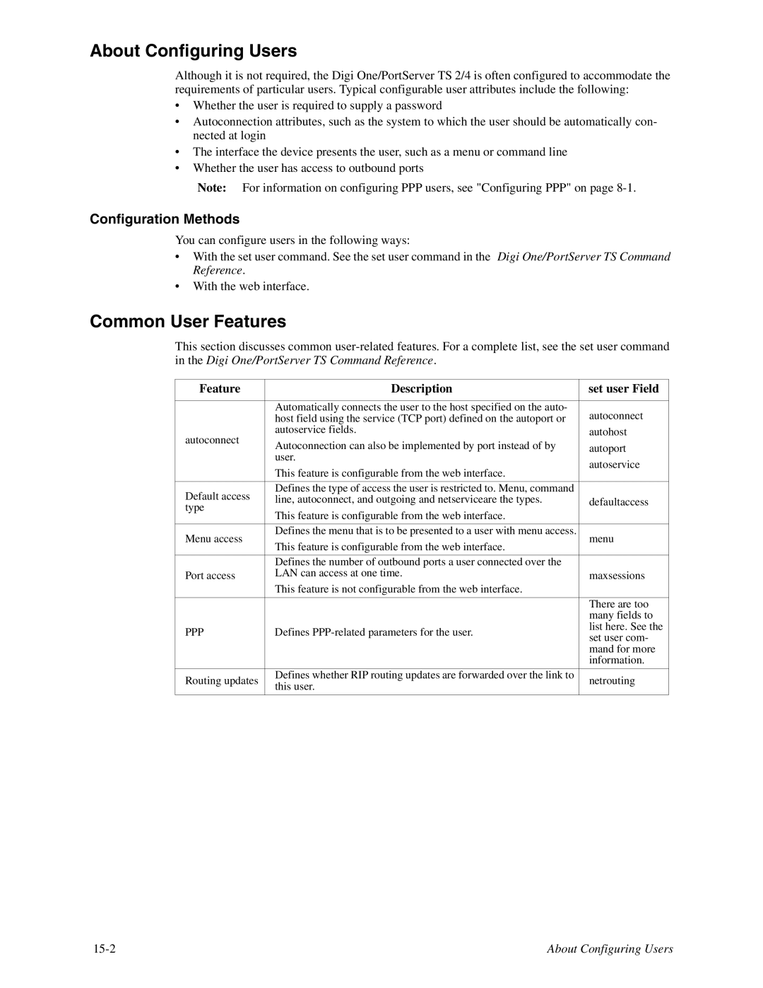 Digi TS 4, TS 2/4 manual About Configuring Users, Common User Features 