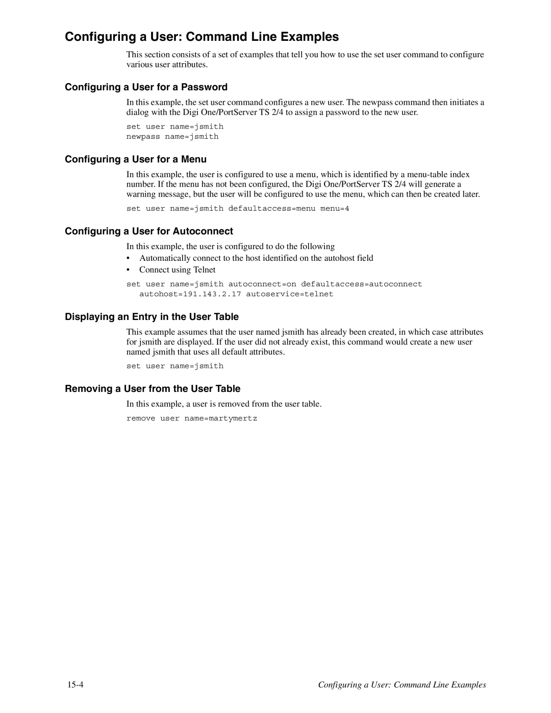 Digi TS 4, TS 2/4 manual Configuring a User Command Line Examples 