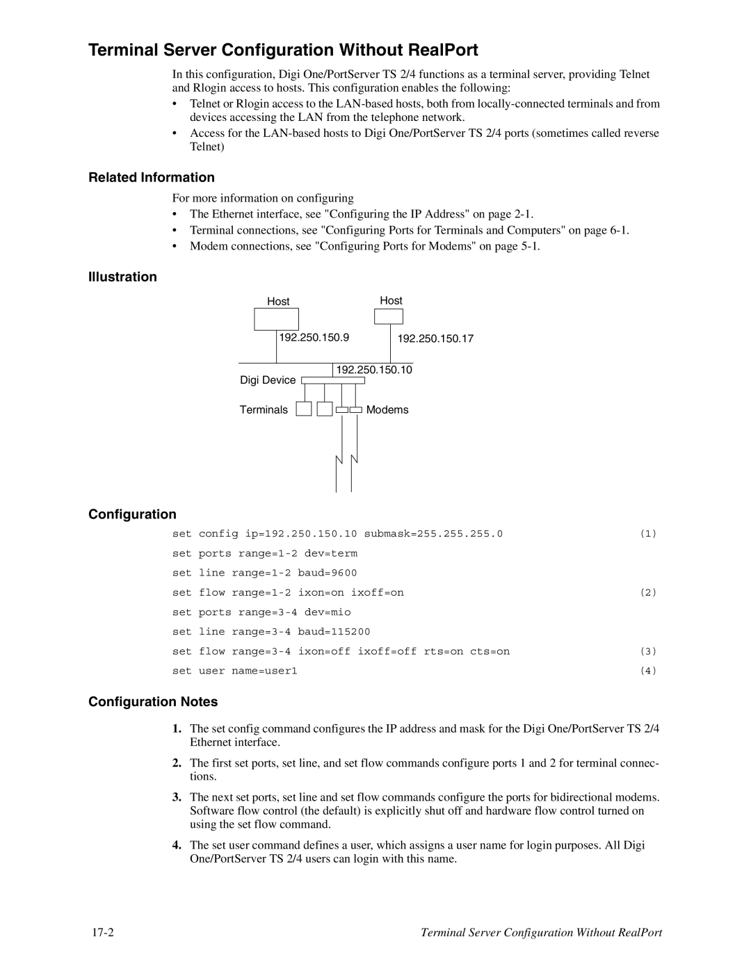 Digi TS 4, TS 2/4 manual Terminal Server Configuration Without RealPort, Illustration, Configuration Notes 