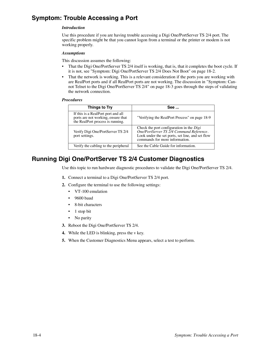 Digi TS 4 manual Symptom Trouble Accessing a Port, Running Digi One/PortServer TS 2/4 Customer Diagnostics 