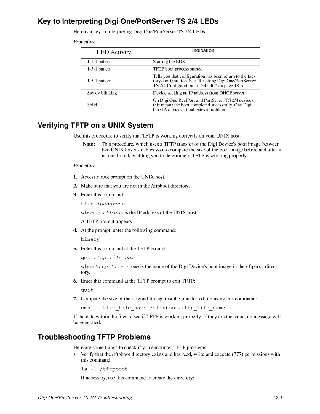 Digi TS 4 manual Key to Interpreting Digi One/PortServer TS 2/4 LEDs, Verifying Tftp on a Unix System 