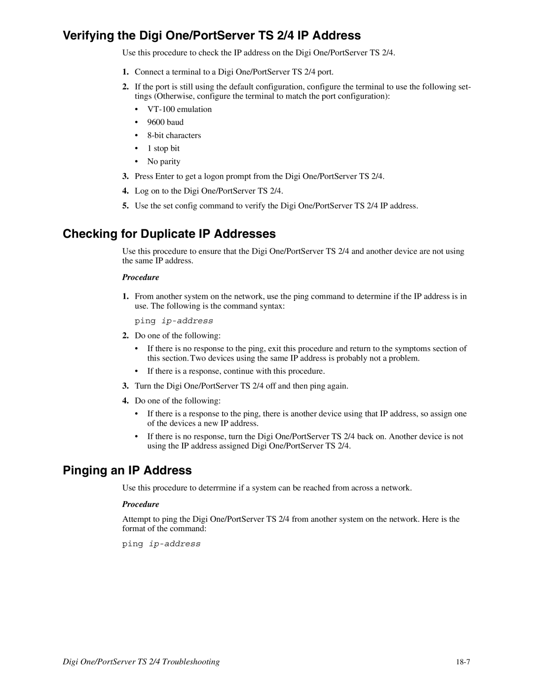 Digi Verifying the Digi One/PortServer TS 2/4 IP Address, Checking for Duplicate IP Addresses, Pinging an IP Address 