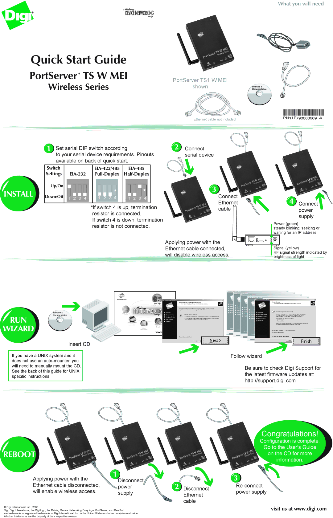 Digi TS1 W MEI quick start Install, RUN Wizard, Reboot 