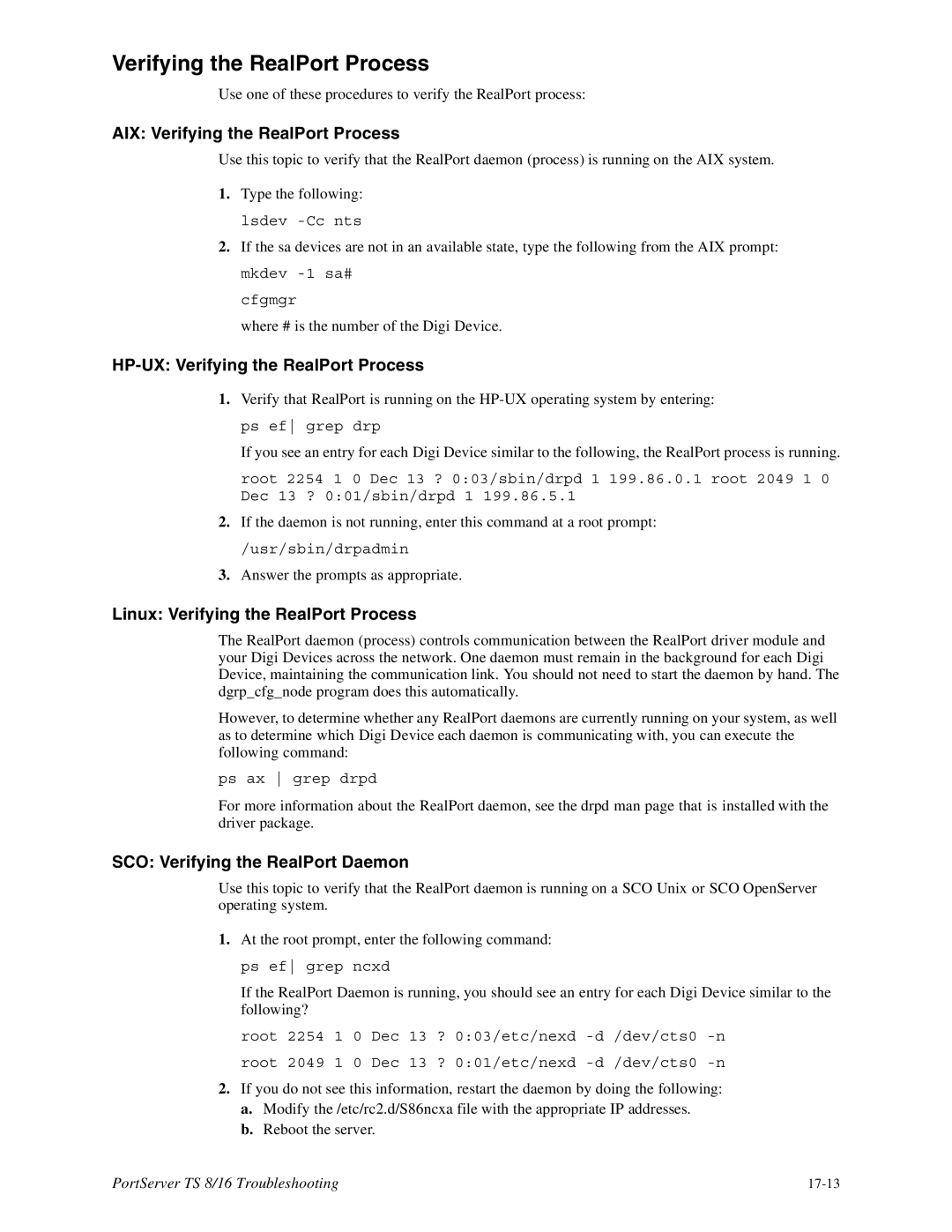 Digi 16 AIX Verifying the RealPort Process, HP-UX Verifying the RealPort Process, Linux Verifying the RealPort Process 