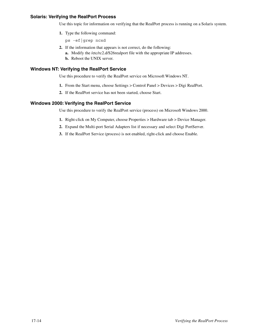 Digi TS8, 16 manual Solaris Verifying the RealPort Process, Windows NT Verifying the RealPort Service 