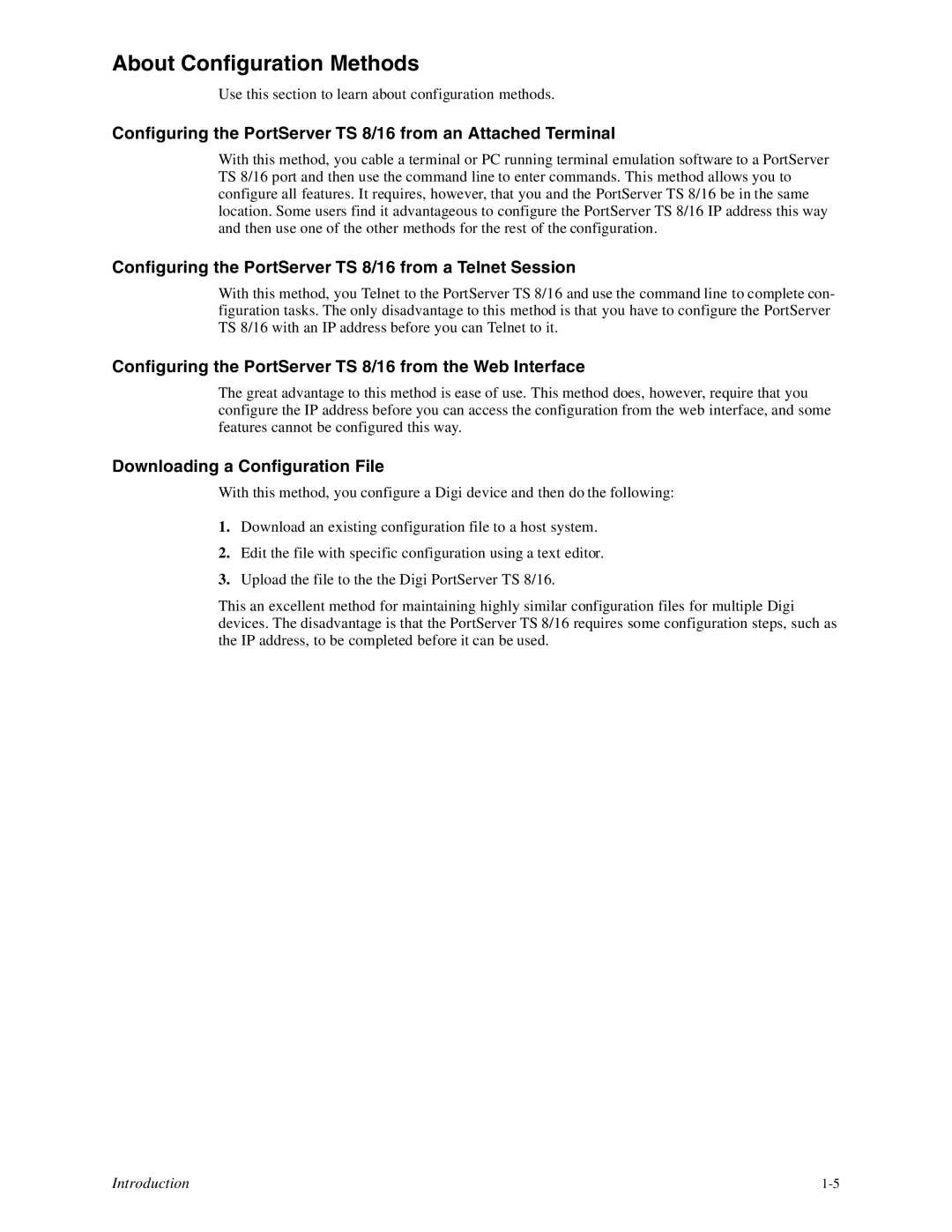 Digi TS8 manual About Configuration Methods, Configuring the PortServer TS 8/16 from a Telnet Session 