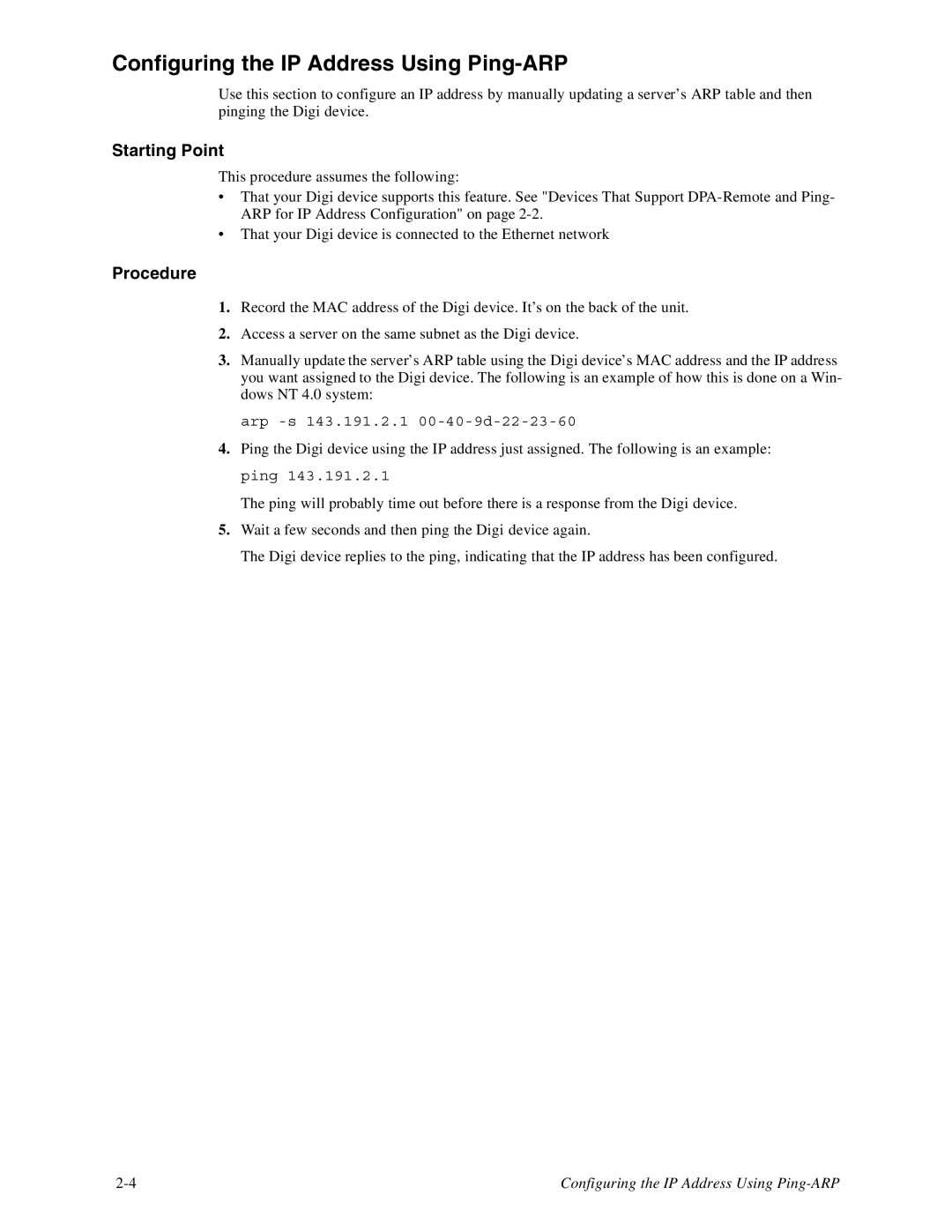 Digi TS8, 16 manual Configuring the IP Address Using Ping-ARP 