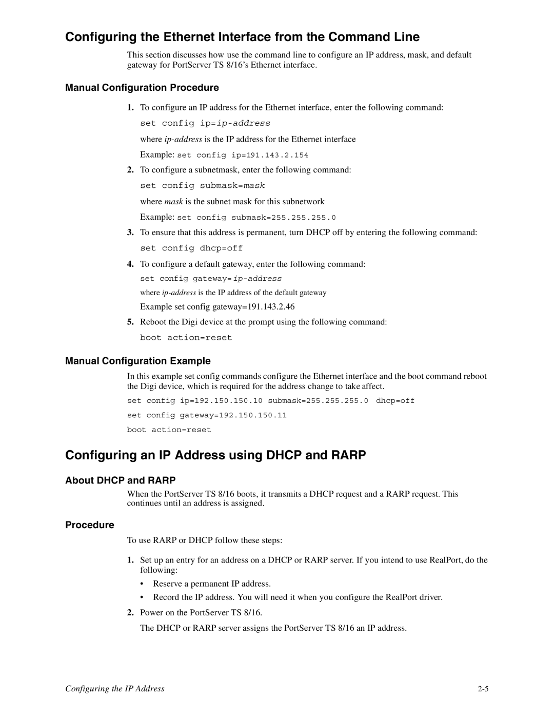 Digi 16, TS8 manual Configuring the Ethernet Interface from the Command Line, Configuring an IP Address using Dhcp and Rarp 