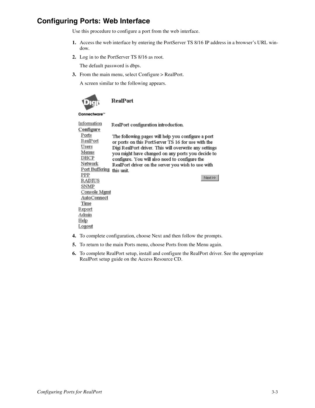 Digi 16, TS8 manual Configuring Ports Web Interface 