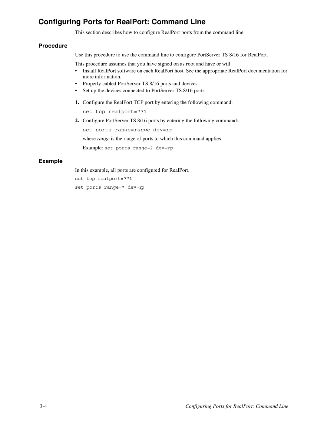 Digi TS8, 16 manual Configuring Ports for RealPort Command Line, Example 