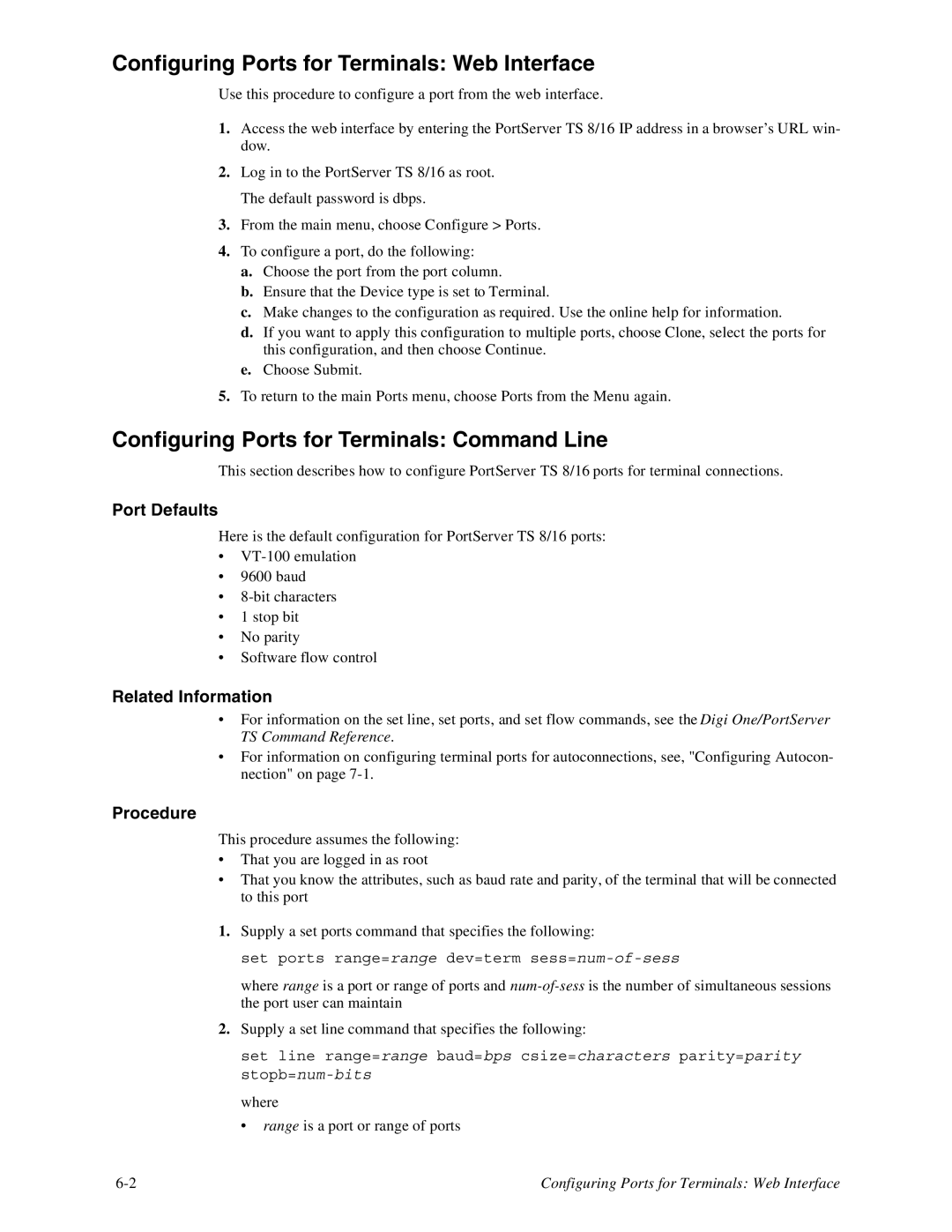 Digi TS8, 16 Configuring Ports for Terminals Web Interface, Configuring Ports for Terminals Command Line, Port Defaults 