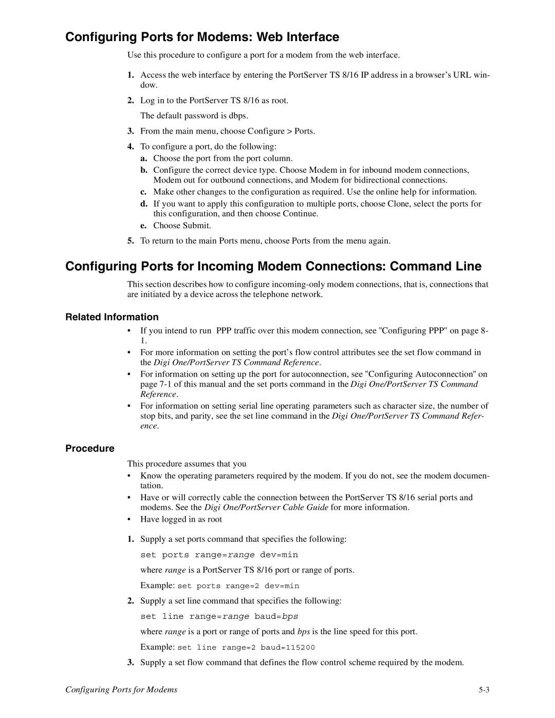 Digi 16, TS8 manual Configuring Ports for Modems Web Interface, Related Information 