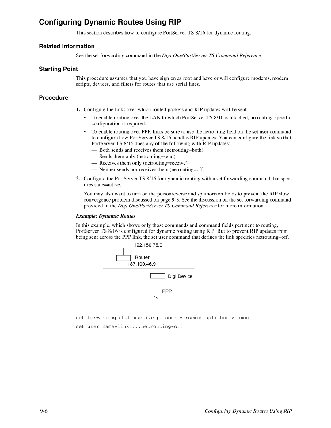 Digi TS8, 16 manual Configuring Dynamic Routes Using RIP, Example Dynamic Routes 