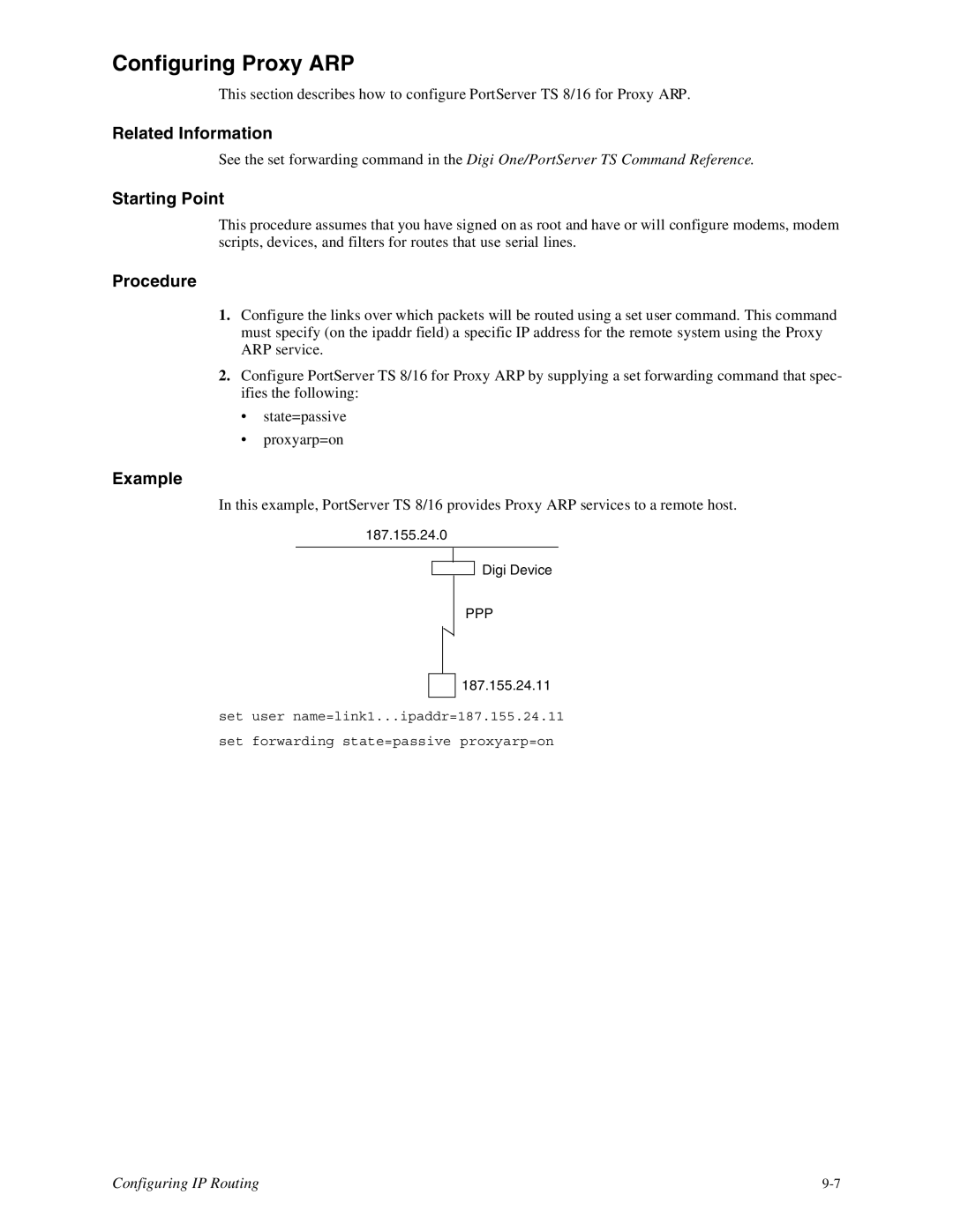 Digi 16, TS8 manual Configuring Proxy ARP, Example 