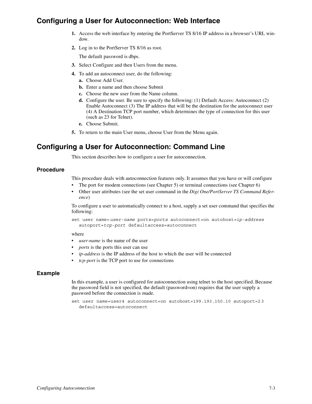 Digi 16, TS8 manual Configuring a User for Autoconnection Web Interface, Configuring a User for Autoconnection Command Line 