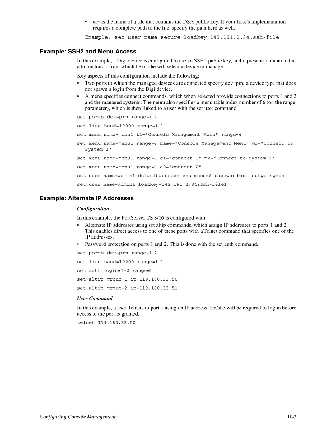 Digi 16, TS8 manual Example SSH2 and Menu Access, Example Alternate IP Addresses 