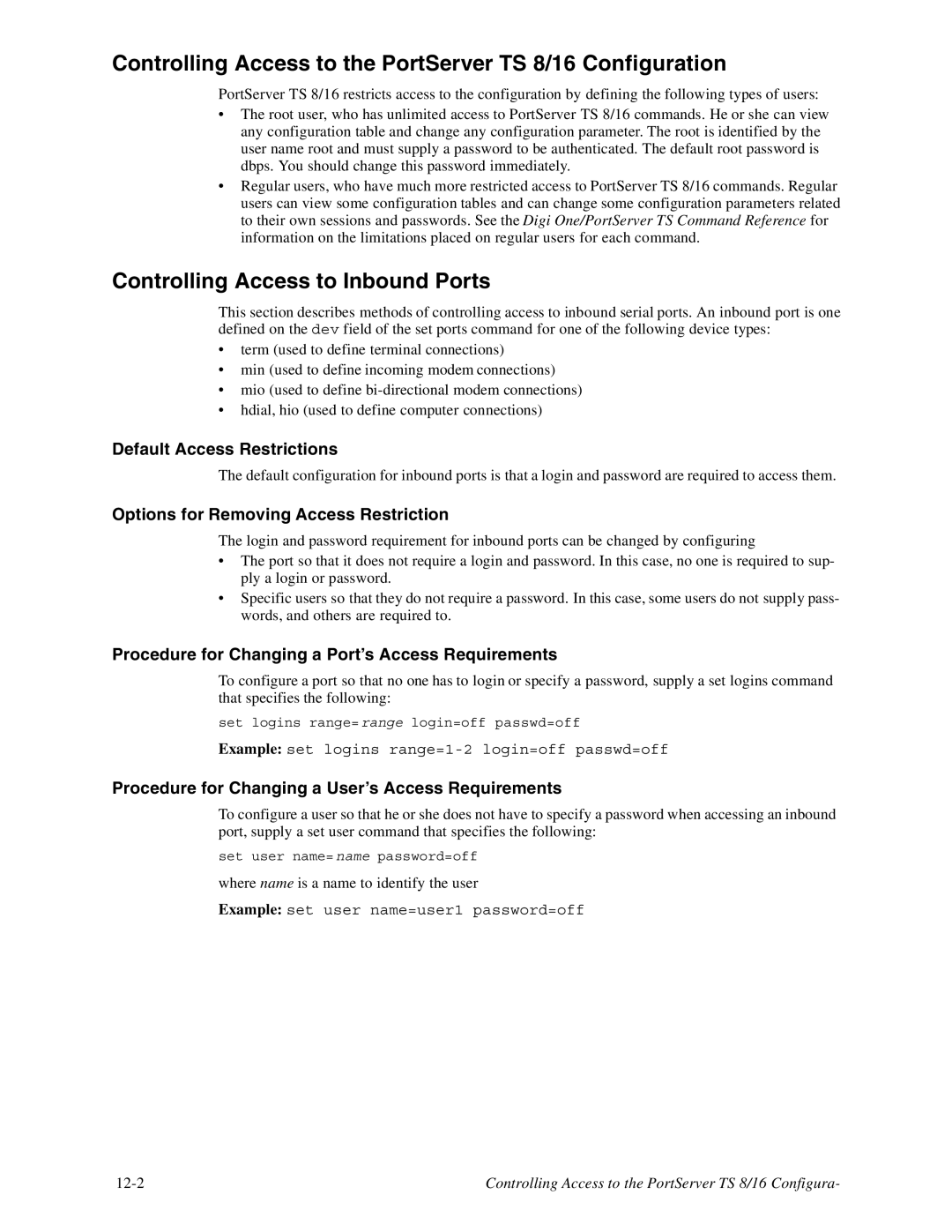 Digi TS8 manual Controlling Access to the PortServer TS 8/16 Configuration, Controlling Access to Inbound Ports 