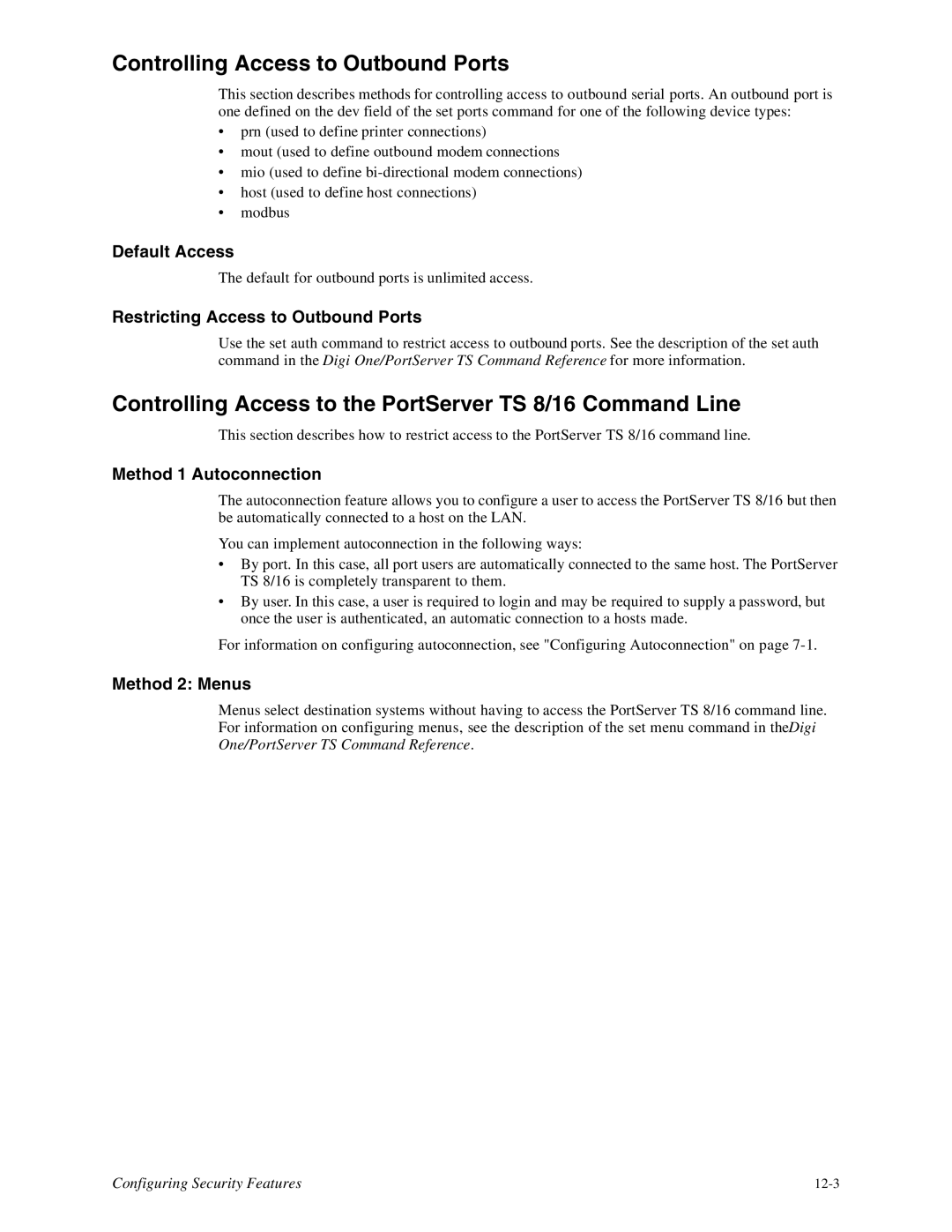 Digi TS8 manual Controlling Access to Outbound Ports, Controlling Access to the PortServer TS 8/16 Command Line 