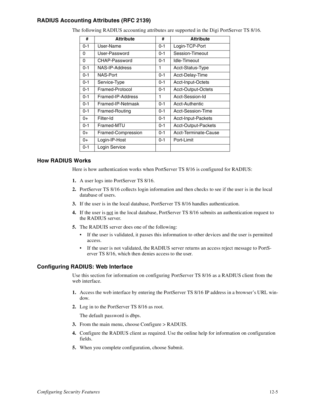 Digi 16, TS8 manual Radius Accounting Attributes RFC, How Radius Works, Configuring Radius Web Interface 