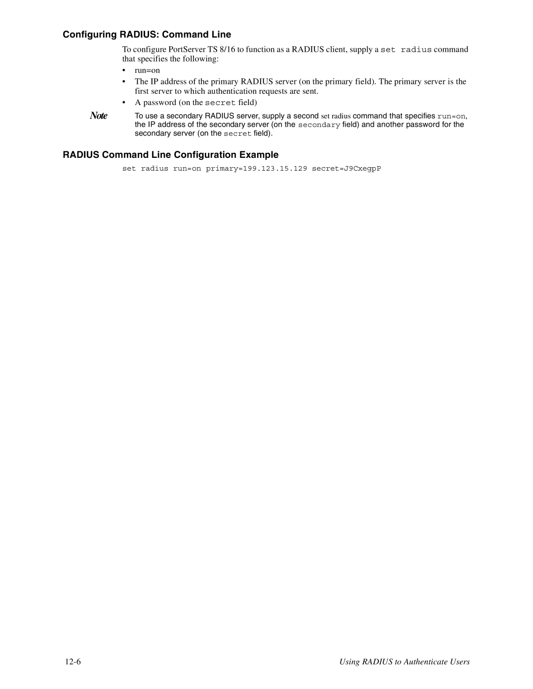 Digi TS8, 16 manual Configuring Radius Command Line, Radius Command Line Configuration Example 