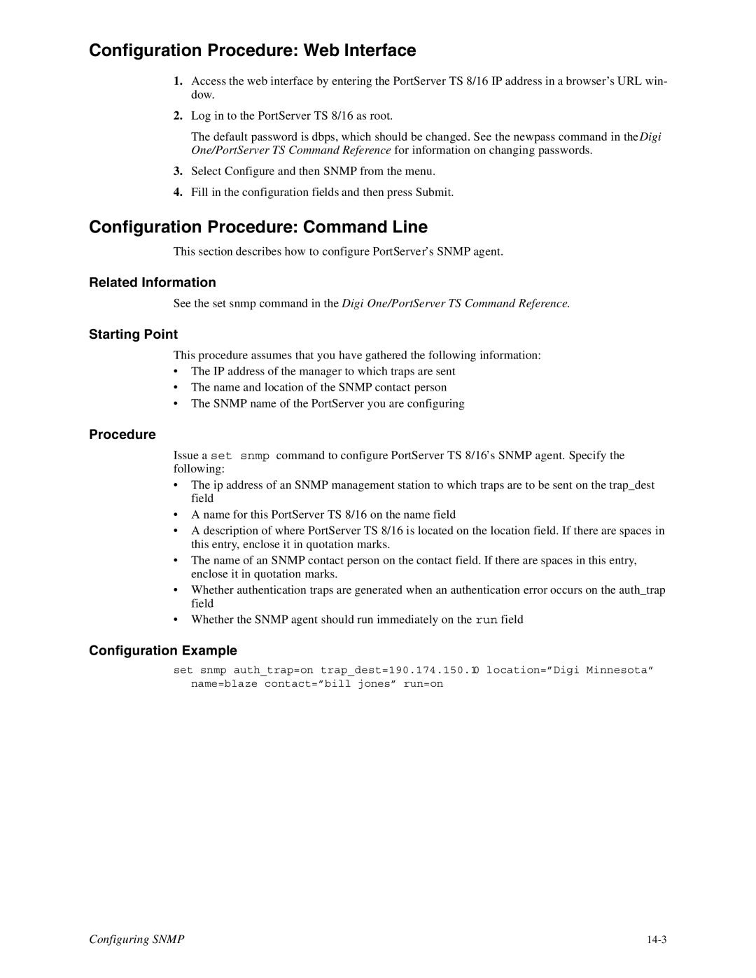 Digi 16, TS8 manual Configuration Procedure Web Interface, Configuration Procedure Command Line, Configuration Example 