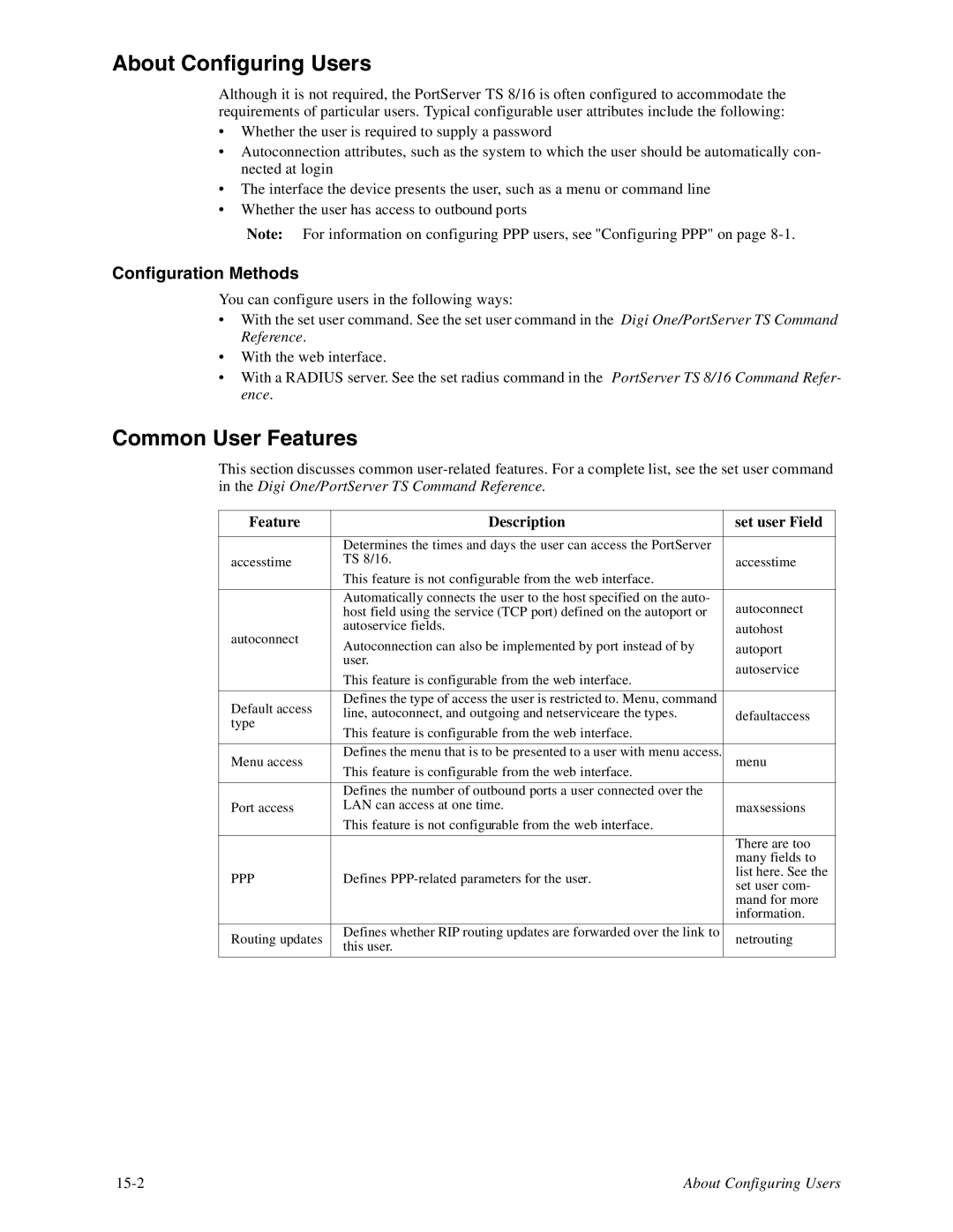 Digi TS8, 16 manual About Configuring Users, Common User Features, Configuration Methods 