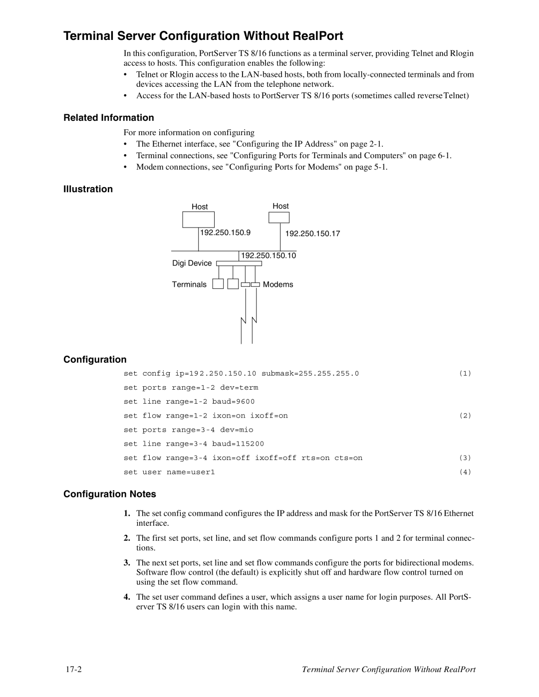 Digi TS8, 16 manual Terminal Server Configuration Without RealPort, Illustration, Configuration Notes 