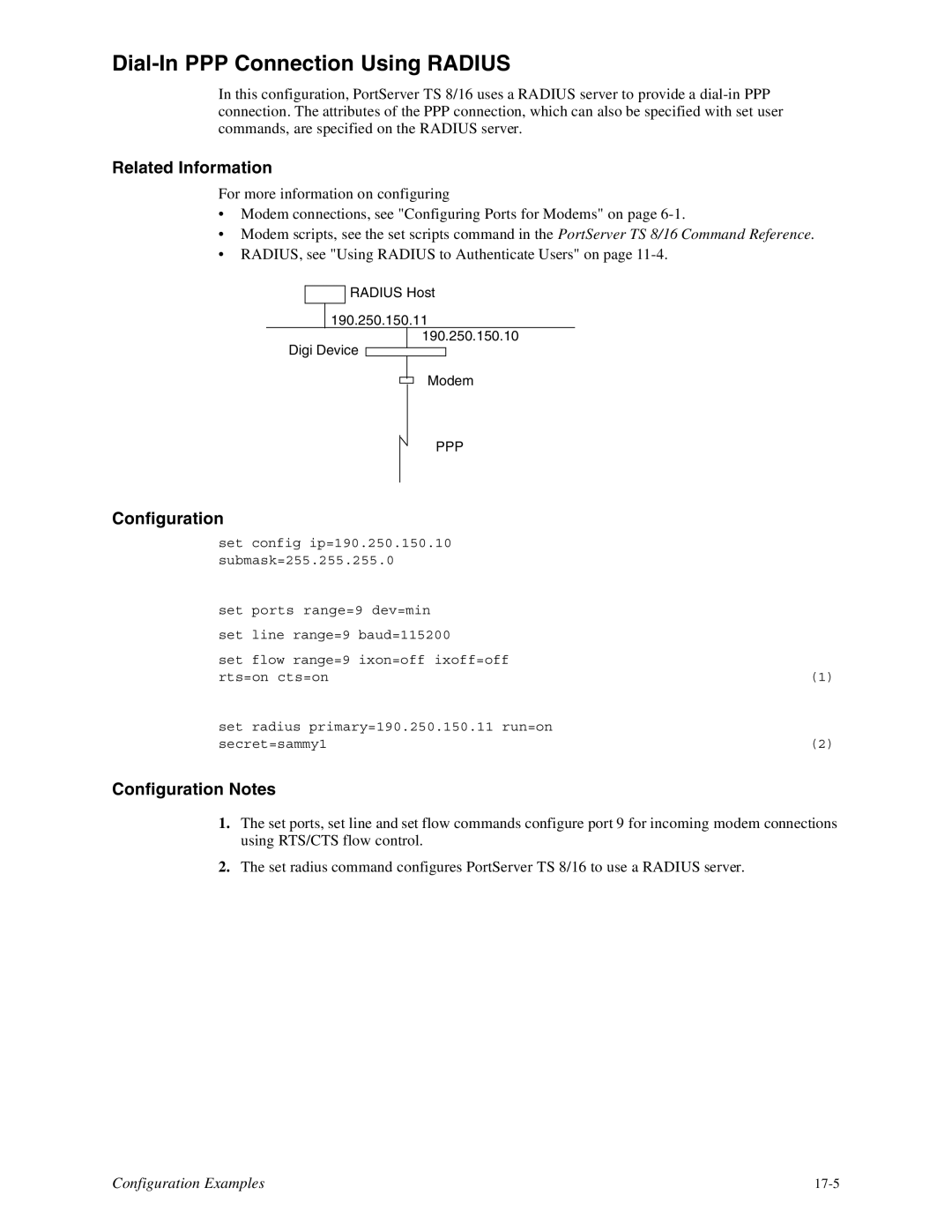 Digi 16, TS8 manual Dial-In PPP Connection Using Radius 