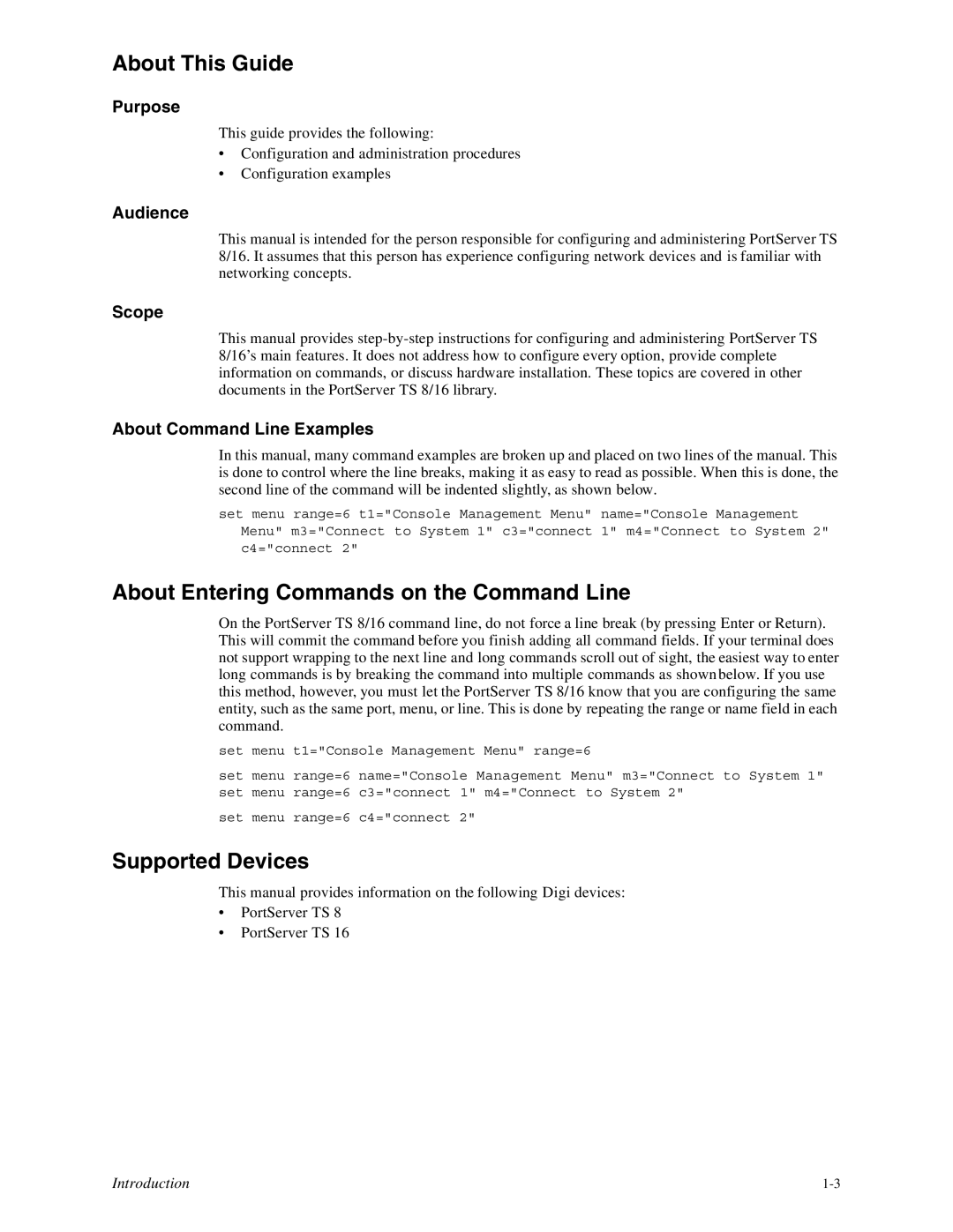 Digi 16, TS8 manual About This Guide, About Entering Commands on the Command Line, Supported Devices 