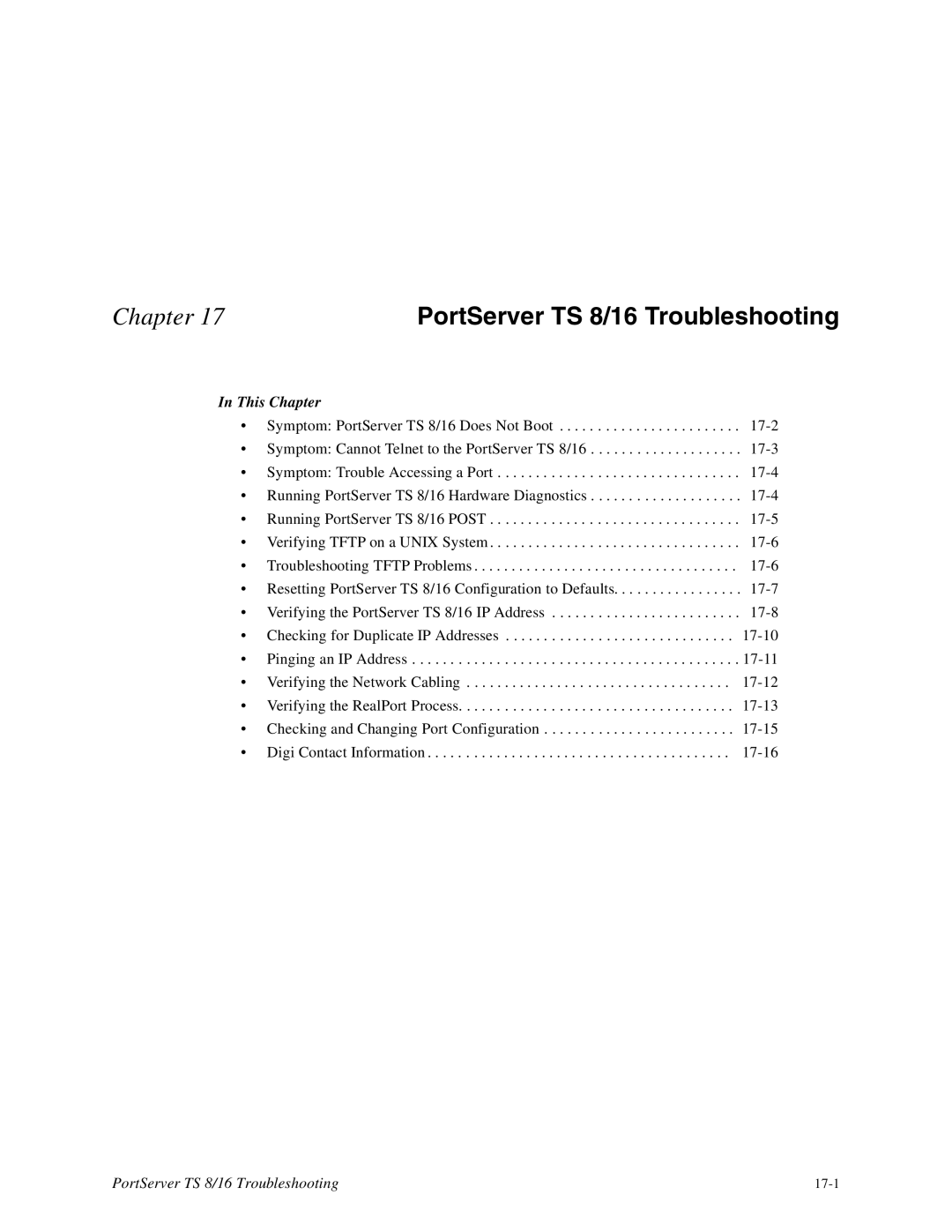 Digi TS8 manual PortServer TS 8/16 Troubleshooting 