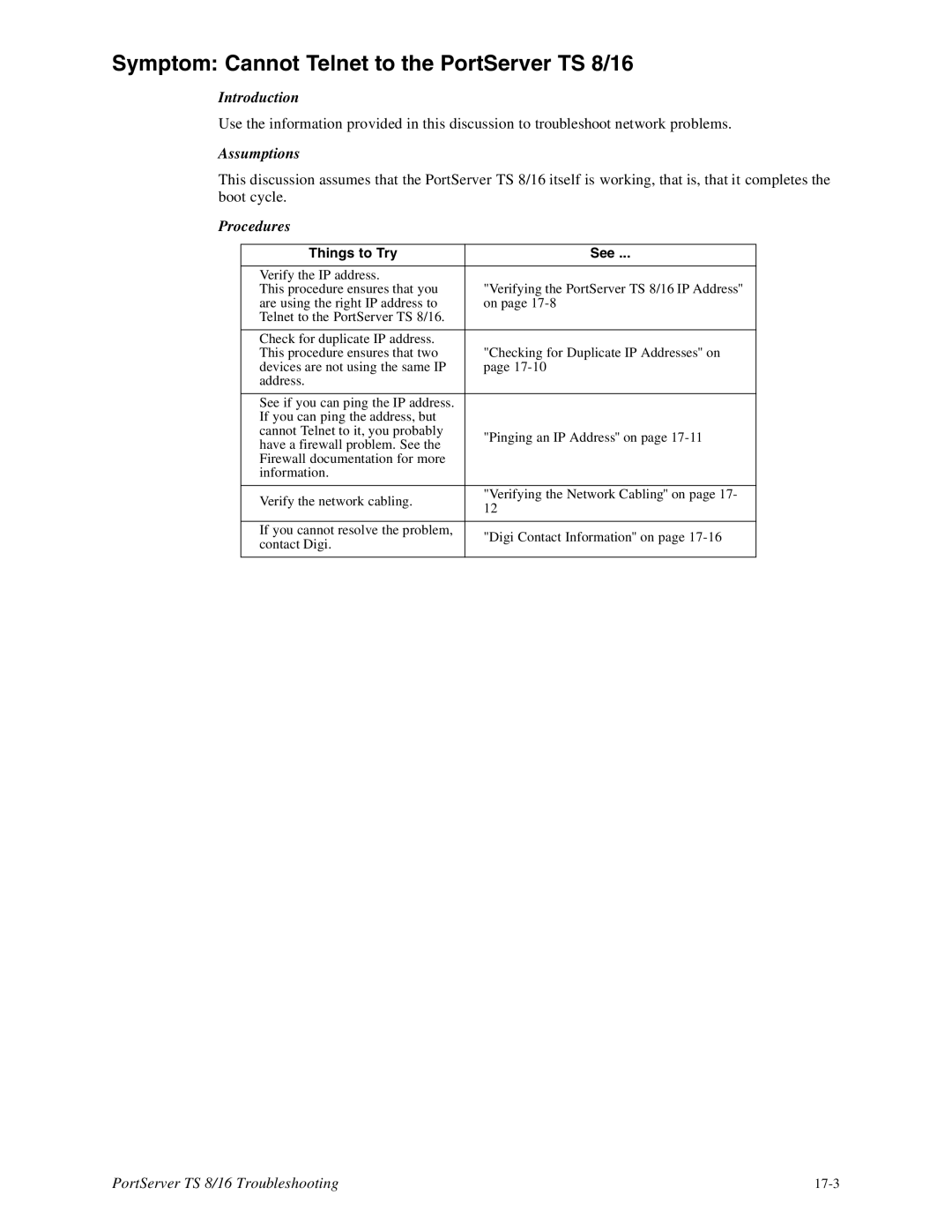 Digi TS8 manual Symptom Cannot Telnet to the PortServer TS 8/16, Assumptions 