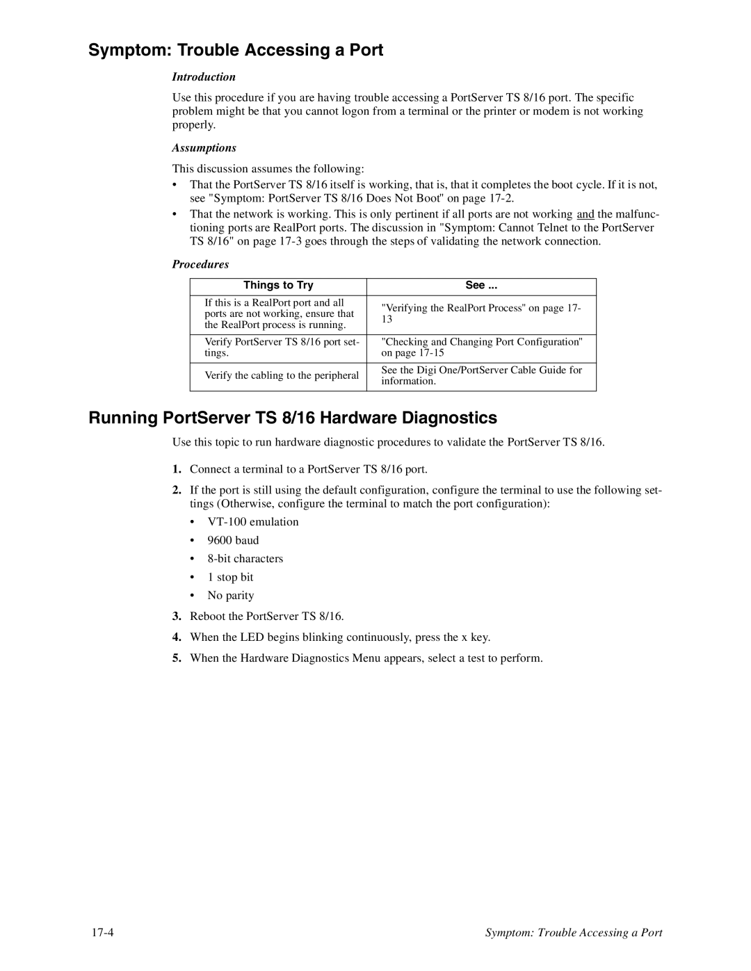 Digi TS8 manual Symptom Trouble Accessing a Port, Running PortServer TS 8/16 Hardware Diagnostics 