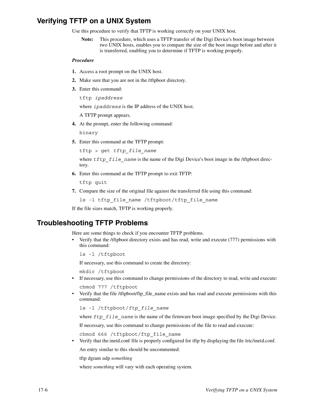 Digi TS8, 16 manual Verifying Tftp on a Unix System, Troubleshooting Tftp Problems 