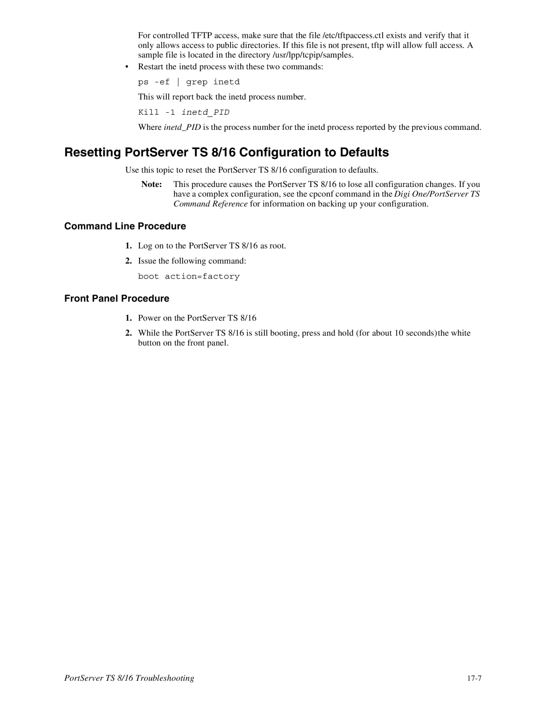 Digi TS8 manual Resetting PortServer TS 8/16 Configuration to Defaults, Command Line Procedure, Front Panel Procedure 