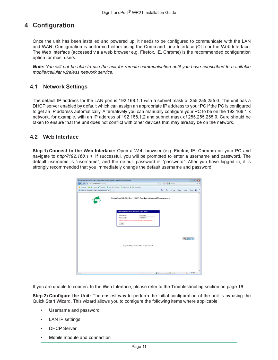 Digi W R 2 1 manual Configuration, Network Settings, Web Interface 