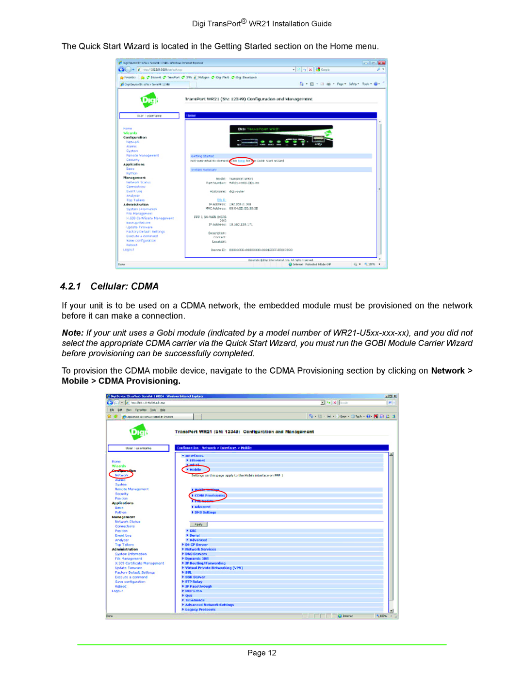 Digi W R 2 1 manual Cellular Cdma, Mobile Cdma Provisioning 