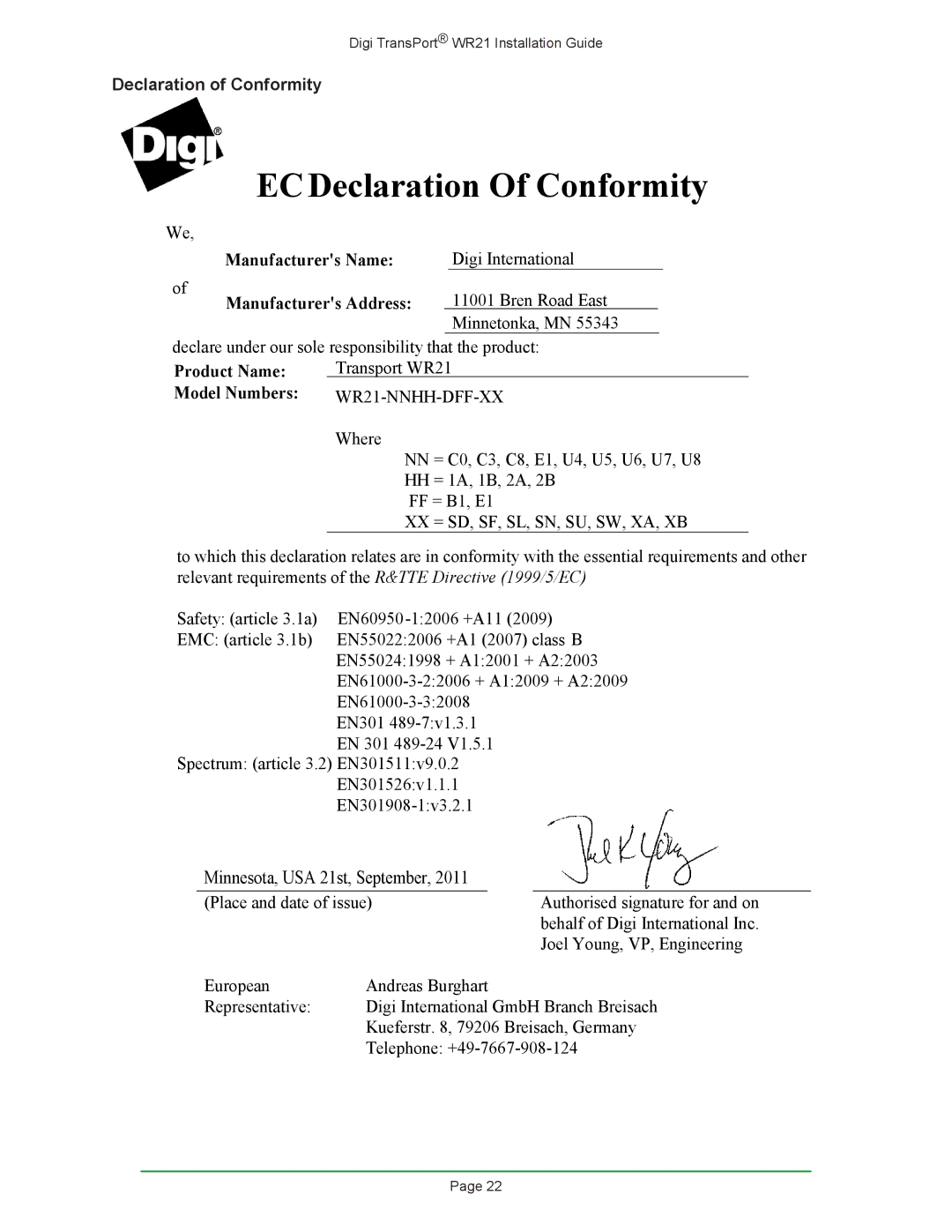 Digi W R 2 1 manual ECDeclaration Of Conformity, Declaration of Conformity 