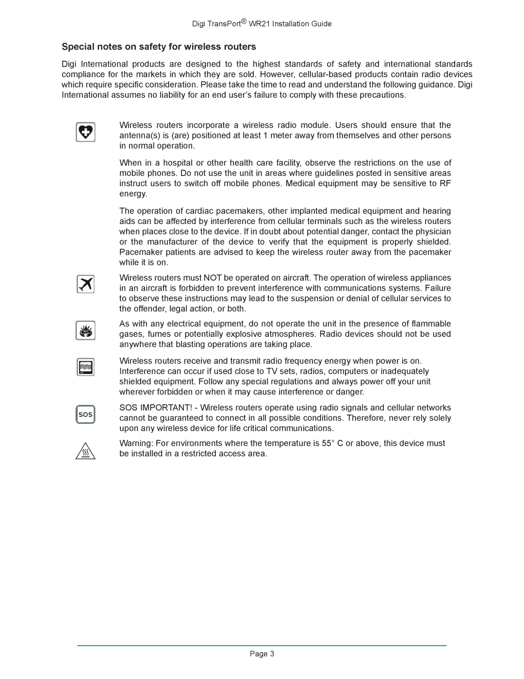 Digi W R 2 1 manual Special notes on safety for wireless routers 