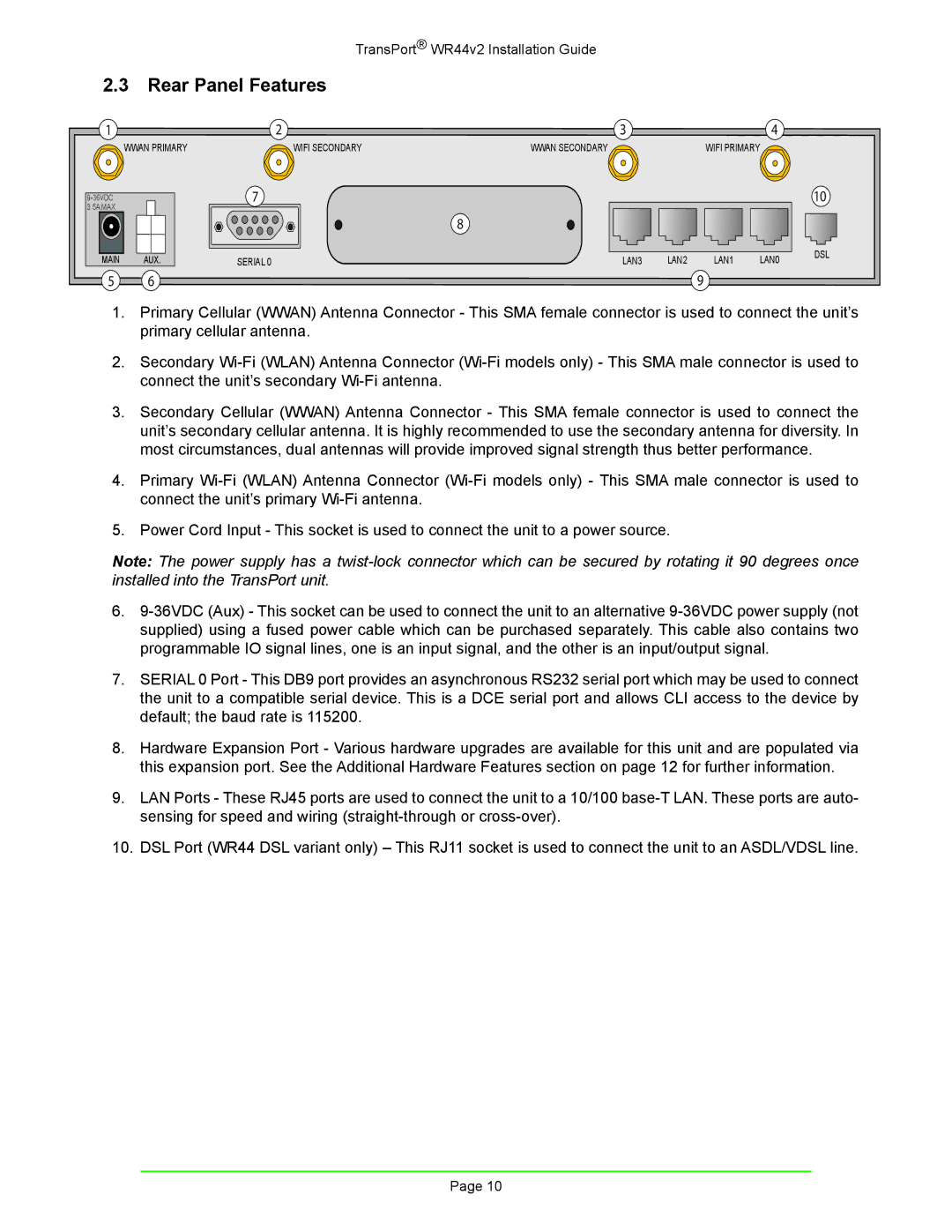 Digi W R 4 4 V 2 manual Rear Panel Features 