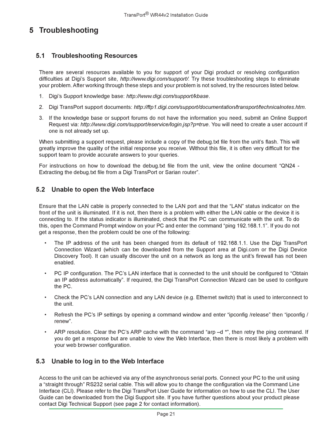 Digi W R 4 4 V 2 manual Troubleshooting Resources, Unable to open the Web Interface, Unable to log in to the Web Interface 