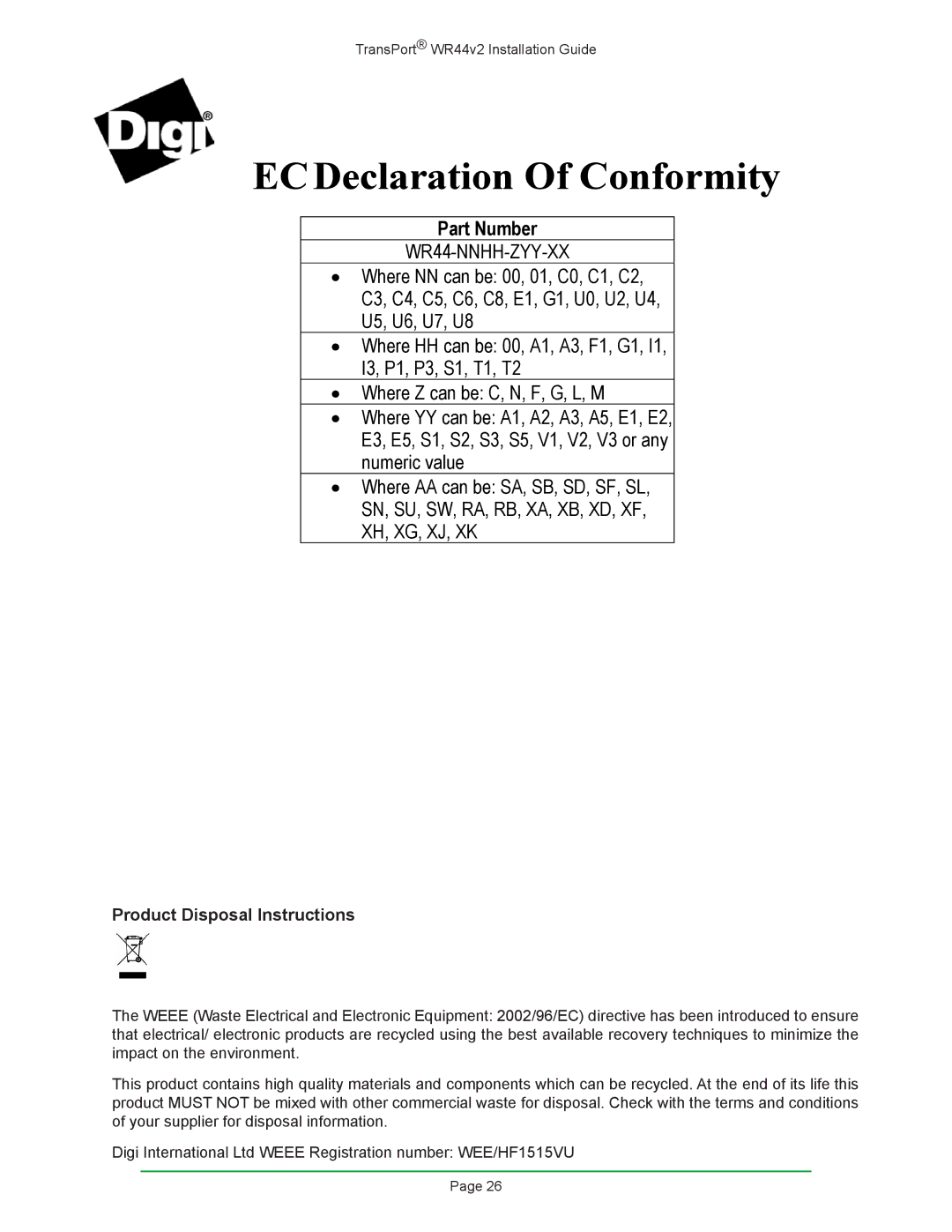 Digi W R 4 4 V 2 manual ECDeclaration Of Conformity, Product Disposal Instructions 