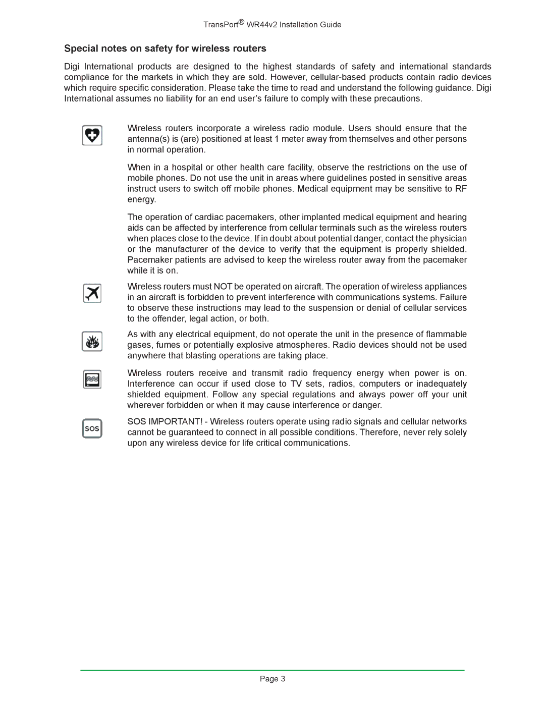 Digi W R 4 4 V 2 manual Special notes on safety for wireless routers 