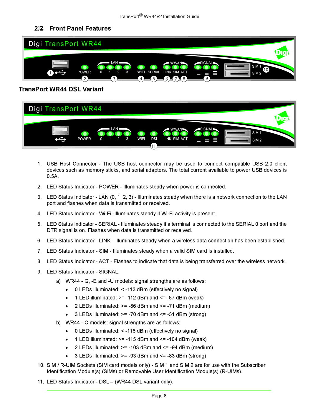 Digi W R 4 4 V 2 manual Front Panel Features TransPort WR44 DSL Variant 