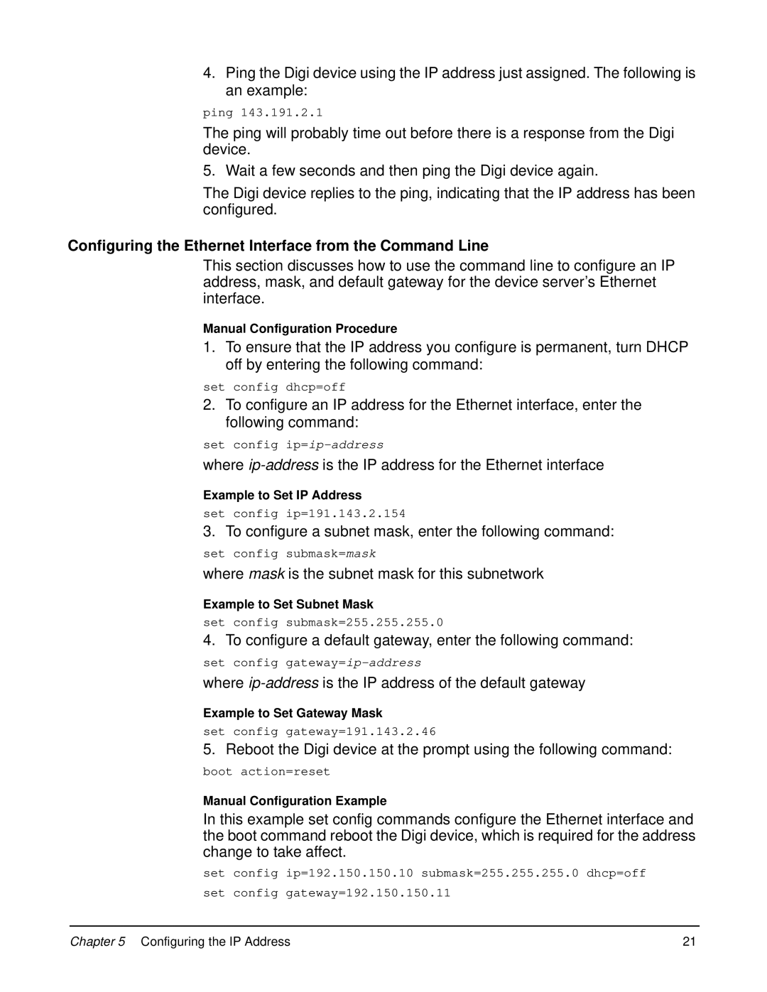 Digi W manual Configuring the Ethernet Interface from the Command Line 